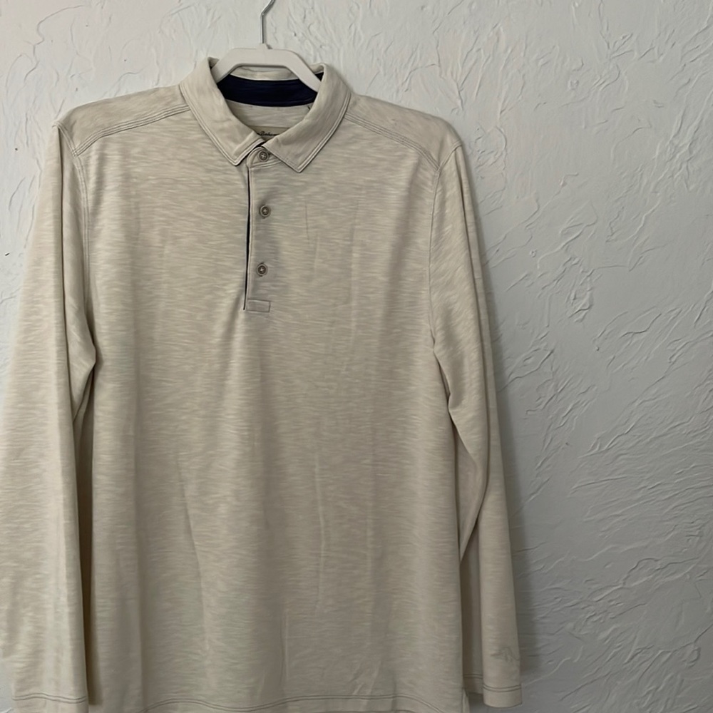 Tommy Bahamas long sleeve cream polo with blue accents, size medium